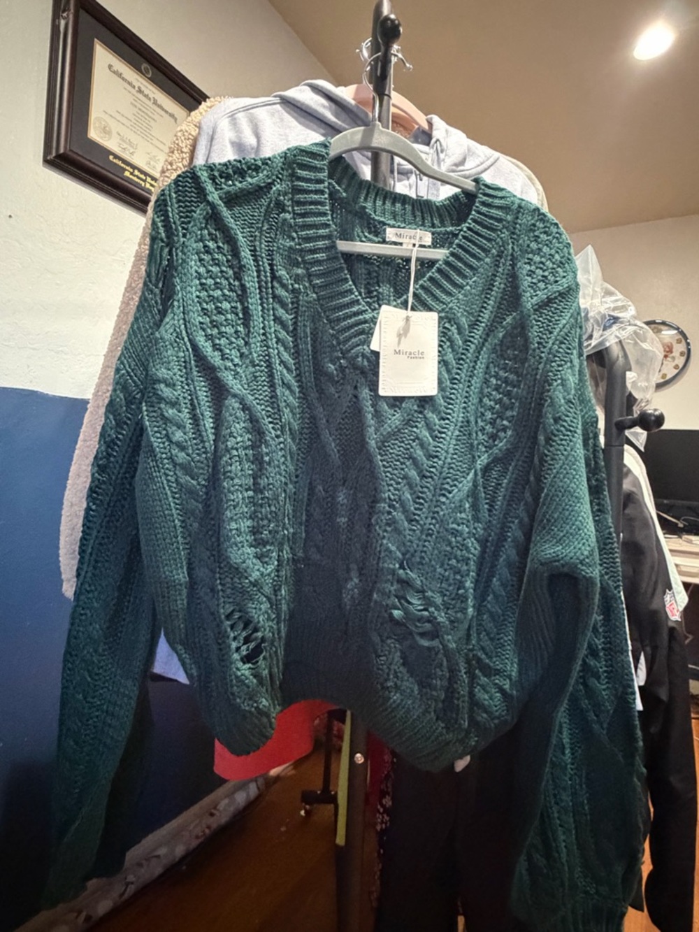 Miracle Teal-Green Cable V-Neck Sweater